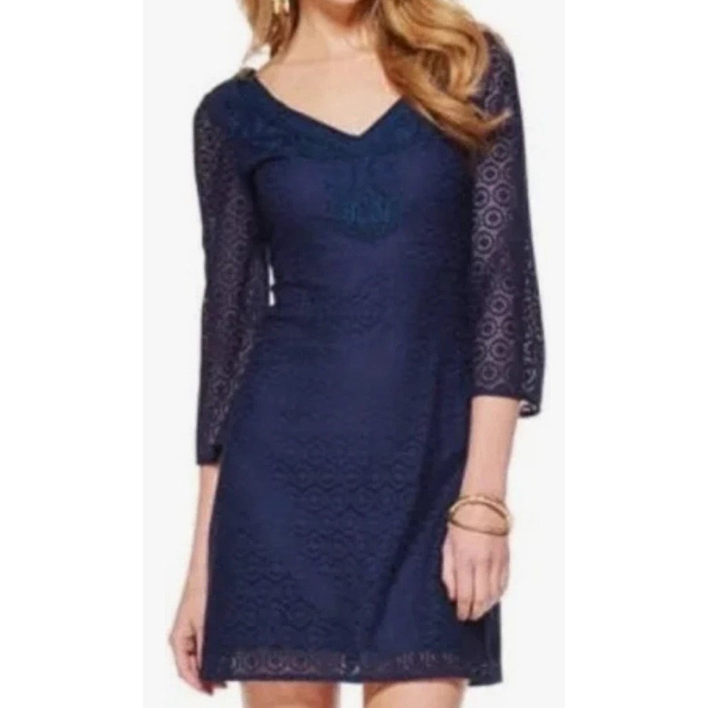 Lilly Pulitzer Navy Lace Dress Women's Medium 3/4 Sleeve V-Neck Sheath